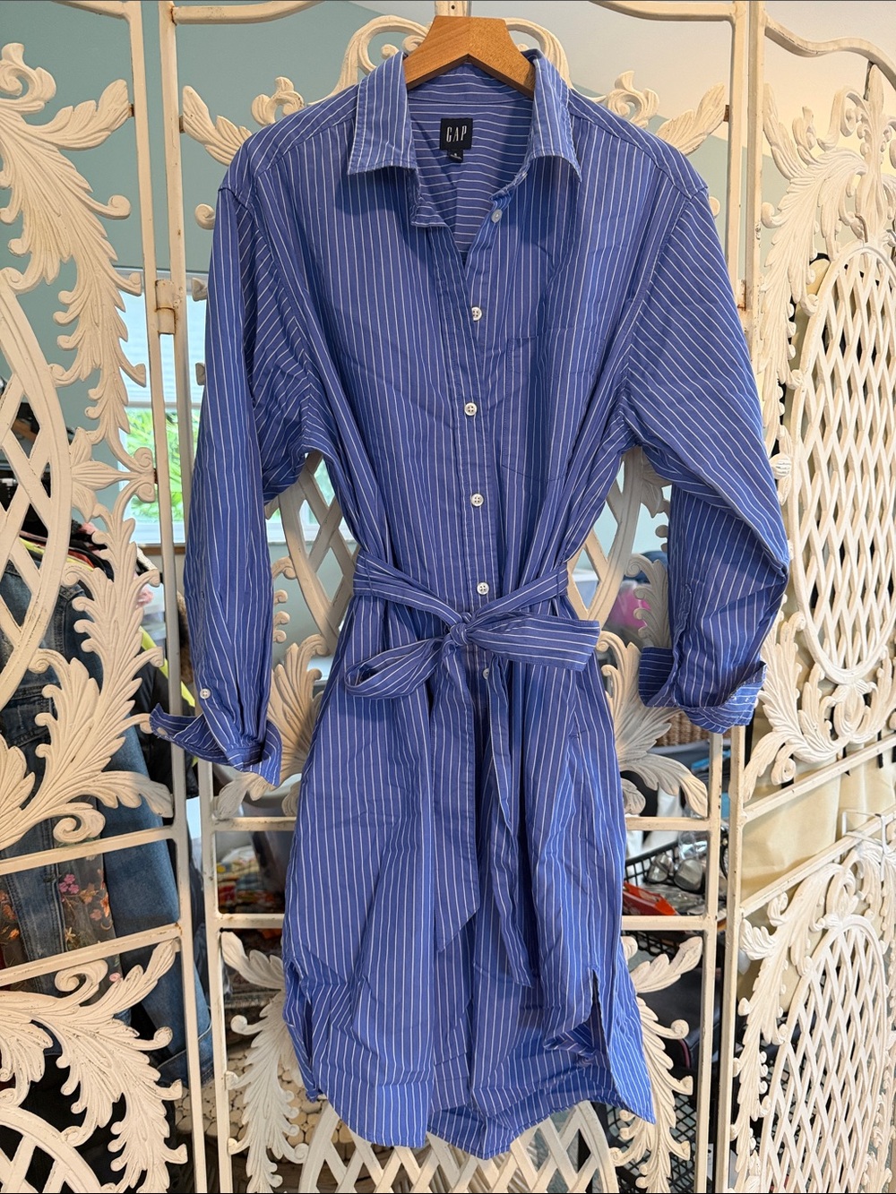 GAP Blue and White Pinstripe Shirt Dress with Waist Tie